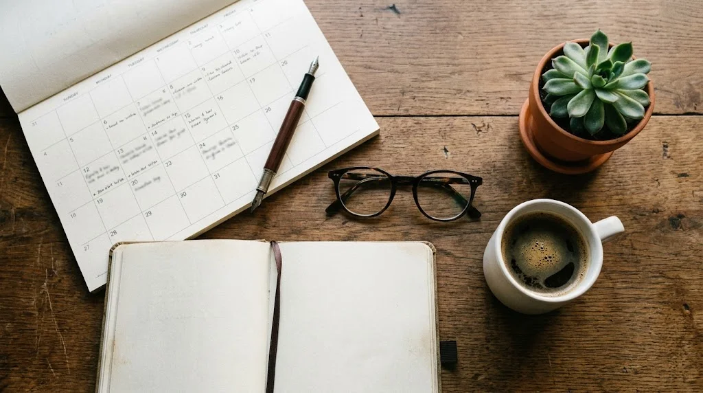 Schreibtisch mit Kalender, Brille und Kaffeetasse, editorial Stillleben.