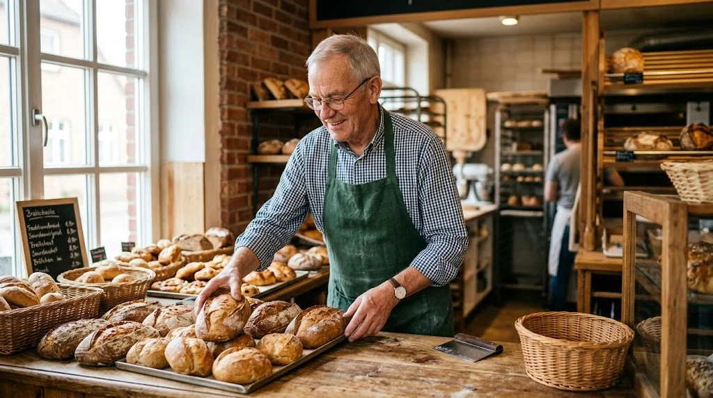 &Auml;lterer Mann arbeitet in einer kleinen B&auml;ckerei als Beispiel f&uuml;r die Aktivrente.