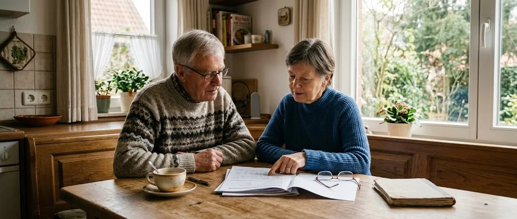 Ein &auml;lteres Paar sichtet gemeinsam Unterlagen am K&uuml;chentisch.